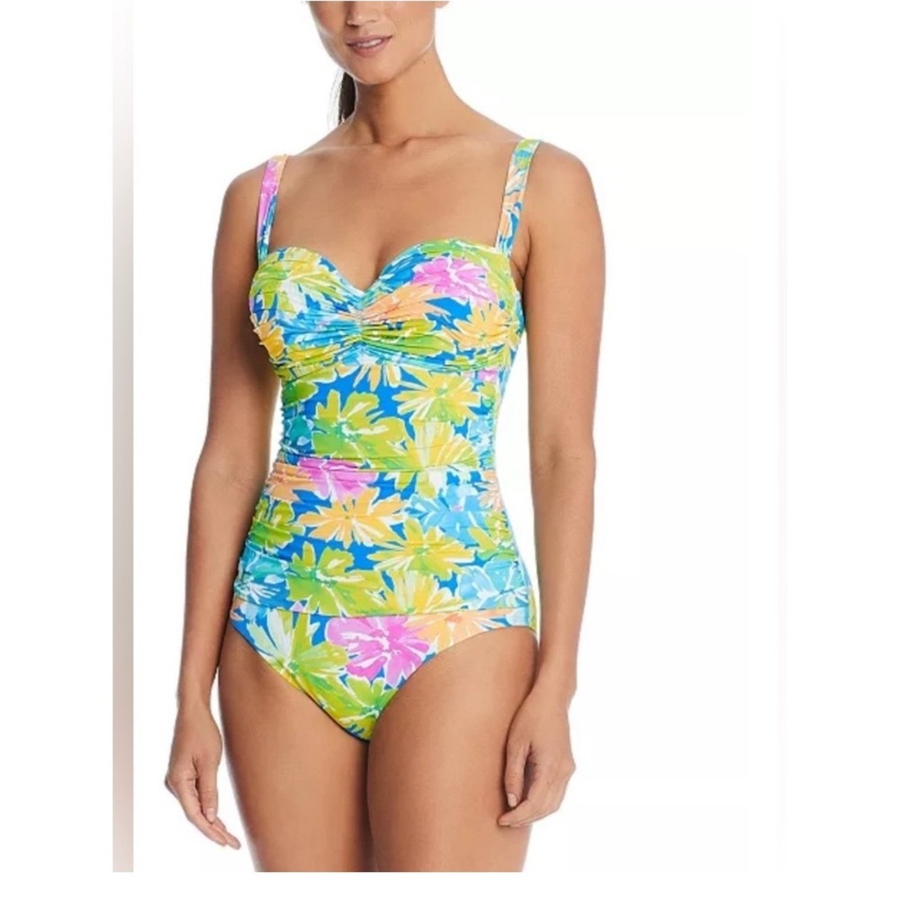 Bleu Rod Beattie Floral Ruched One Piece Swimsuit Blue Green Pink Yellow